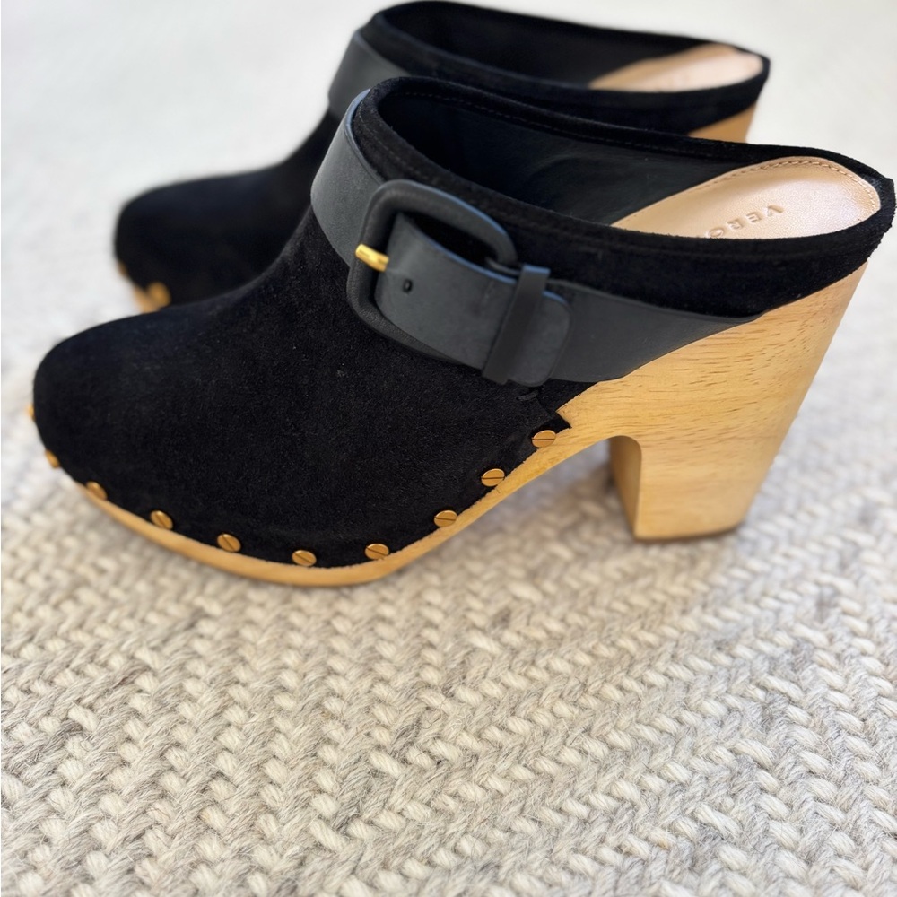Veronica Beard Black Suede Clogs with Wooden Heel